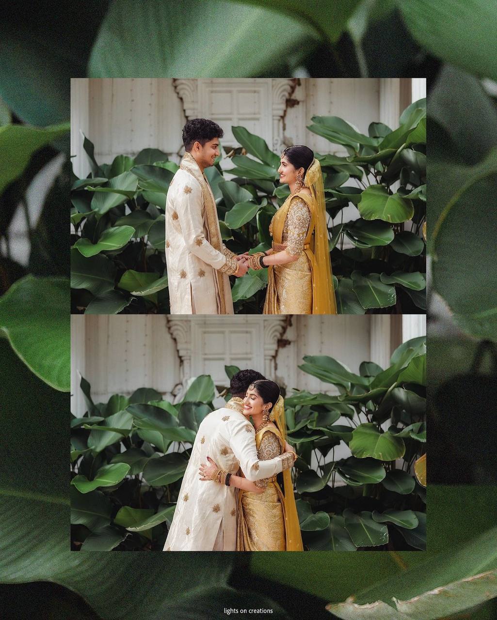 Kerala newlyweds photographed among tropical leaves